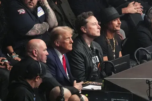 Dana White, President-elect Donald Trump, Elon Musk and Kid Rock attend UFC 309 at Madison Square Garden, Saturday, Nov. 16, 2024, in New York. (AP Photo/Evan Vucci)