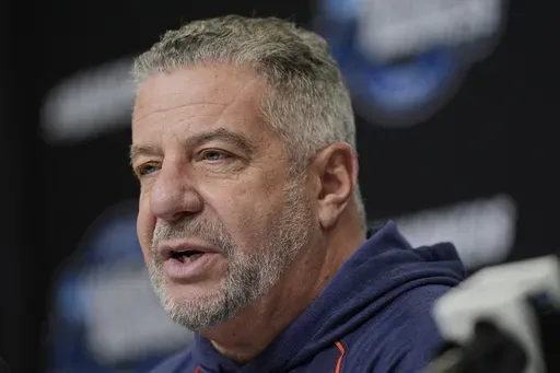 Auburn head coach Bruce Pearl speaks during a news conference, Thursday, March 27, 2025, in Atlanta, ahead of the Sweet 16 in the NCAA college basketball tournament. (AP Photo/George Walker IV)