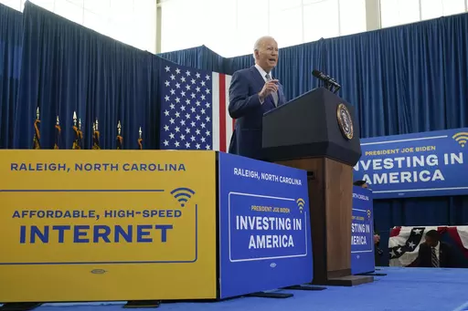 President Joe Biden speaks in Raleigh, N.C., Jan. 18, 2024. Twenty-three million families will either have to pay more for internet or cancel their subscriptions altogether if a federal subsidy program to help with the monthly bill runs out of money in April, 2024. The potential expiration of the program comes as Biden recently touted his administration's goal of internet for all in North Carolina, where more than 900,000 families receive the benefit. (AP Photo/Manuel Balce Ceneta, File)