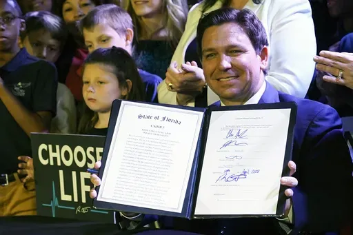 Florida Gov. Ron DeSantis holds up a 15-week abortion ban law after signing it on April 14, 2022, in Kissimmee, Fla. (AP Photo/John Raoux, File)