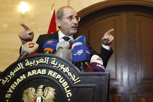 Jordan Foreign Minister Ayman Safadi speaks during a press conference in Damascus, Syria, Monday, July 3, 2023. Jordan's Foreign Minister Ayman Safadi says his country wants a meeting of Mediterranean officials this week to help bridge a gap between Arab and European countries in calling for a humanitarian pause in Gaza to become a permanent cease-fire. (AP Photo/Omar Sanadiki, File)