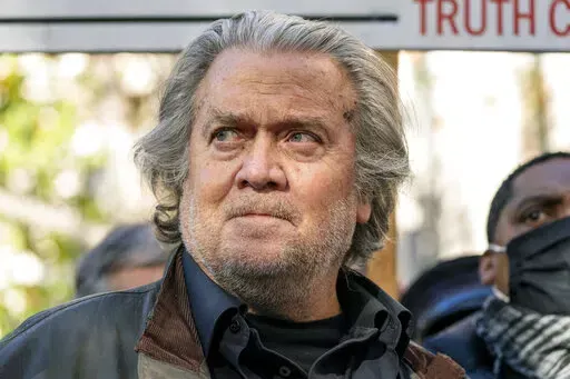 Former White House strategist Steve Bannon speaks with reporters after departing federal court on Nov. 15, 2021, in Washington.  (AP Photo/Alex Brandon, File)