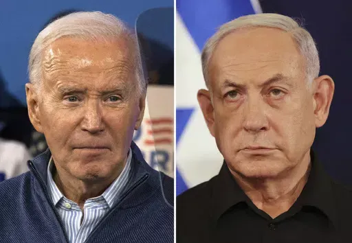 This combination photo shows President Joe Biden, left, on March 8, 2024, in Wallingford, Pa., and Israeli Prime Minister Benjamin Netanyahu in Tel Aviv, Israel, Oct. 28, 2023. Biden and Netanyahu spoke Monday, May 6, 2024, a White House official and National Security Council spokesperson said, as Israel appeared closer to launching an offensive on the southern Gaza city of Rafah. That move is staunchly opposed by the U.S. on humanitarian grounds. (AP Photo)