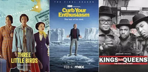 This combination of photos shows promotional art for "Three Little Birds," premiering Feb. 1 on Britbox, left, "Curb Your Enthusiasm," the final season premiering Feb. 4 on Max, center, and "Kings from Queens: The Run DMC Story," premiering Feb. 1 on Peacock. (Britbox/Max/Peacock via AP)