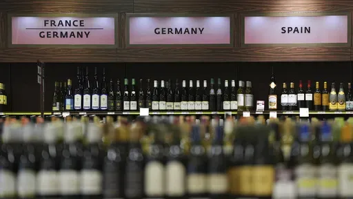 Shown is a display of French Germany and Spanish wines at a Pennsylvania Fine Wine & Good Spirits in Flourtown, Pa., Thursday, March 13, 2025. (AP Photo/Matt Rourke)