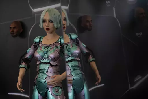 A human-like robot performs near robots of faces that mimic human expressions during the annual World Robot Conference at the Etrong International Exhibition and Convention Center on the outskirts of Beijing, Thursday, Aug. 17, 2023. (AP Photo/Andy Wong)