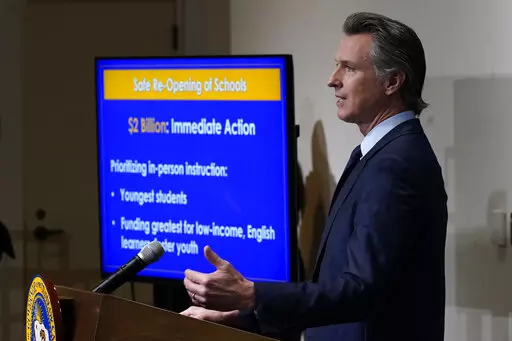 California Gov. Gavin Newsom speaks about his 2021-2022 state budget proposal during a news conference in Sacramento, Calif., on Jan. 8, 2021. On Monday, Jan. 10, 2022, Newsom will unveil his proposed 2022-2023 budget plan. (AP Photo/Rich Pedroncelli, Pool, File)