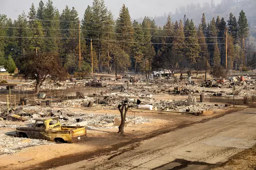 Homes destroyed by the Mill Fire line Wakefield Ave. on Saturday, Sept. 3, 2022, in Weed, Calif. (AP Photo/Noah Berger)
