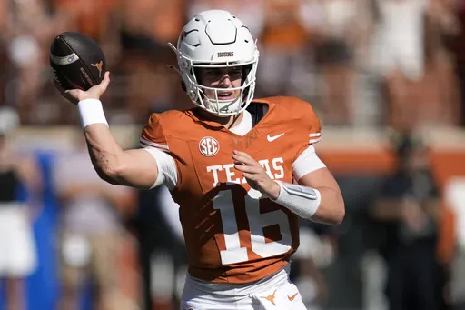Texas quarterback Arch Manning (16) throws against Mississippi State during the first half of an NCAA college football game in Austin, Texas, Saturday, Sept. 28, 2024. (AP Photo/Eric Gay)