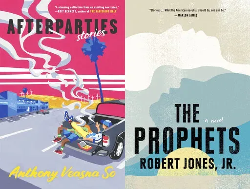 This combination of book cover images shows "Afterparties" by Anthony Veasna So, left, and "The Prophets," a novel by Robert Jones Jr. The books are among the winners of the 34th annual Triangle Awards, given for outstanding LGBTQ literature. (Ecco via AP, left, and Putnam via AP)