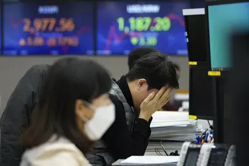 A currency trader covers his face with his hands at the foreign exchange dealing room of the KEB Hana Bank headquarters in Seoul, South Korea, Thursday, Jan. 13, 2022. Shares were mostly lower in Asia on Wednesday after the latest report of surging prices in the U.S. appeared to keep the Federal Reserve on track to raise interest rates in coming months.(AP Photo/Ahn Young-joon)