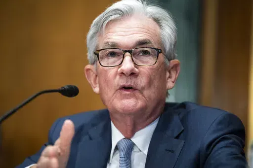 Federal Reserve Chairman Jerome Powell testifies before the Senate Banking Committee hearing, Thursday, March 3, 2022 on Capitol Hill in Washington. (Tom Williams, Pool via AP)