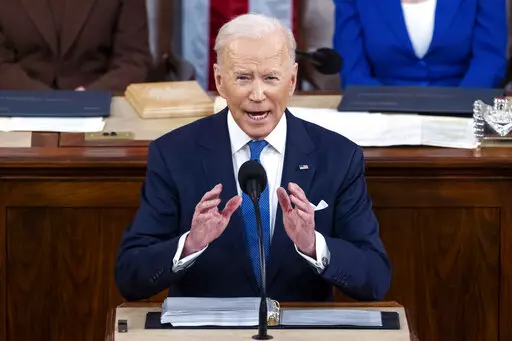 President Joe Biden delivers his first State of the Union address to a joint session of Congress at the Capitol, March 1, 2022, in Washington. A year ago, President Joe Biden used his first State of the Union address to push top Democratic priorities that were sure to face a battle in the narrowly divided Congress but he also laid out a four-pronged "unity agenda" that would be an easier sell.(Jim Lo Scalzo/Pool via AP, File)