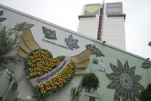 A general view of the remains of Grenfell Tower, after a fire in June, 2017, in London, Monday, Sept. 2, 2024, in which 72 people were killed. (AP Photo/Kin Cheung)