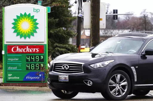 Gas prices are displayed at a BP gas station in Elgin, Ill., on March 19, 2022. Just as Americans gear up for summer road trips, the price of oil remains stubbornly high, pushing prices at the gas pump to painful heights. AAA said Tuesday, May 10, 2022, drivers are paying $4.37 for a gallon of regular gasoline. (AP Photo/Nam Y. Huh, File)