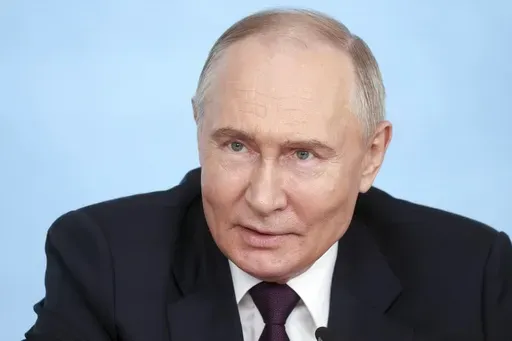 Russian President Vladimir Putin speaks to senior news leaders of international news agencies on the sidelines of the St. Petersburg International Economic Forum at the Lakhta Center skyscraper, the headquarters of Russian gas monopoly Gazprom in St. Petersburg, Russia, on Wednesday, June 5, 2024. The Russian leader has used the annual forum as a showcase for touting Russia's development and seeking investors. (Valentina Pevtsova, Sputnik, Kremlin Pool Photo via AP)