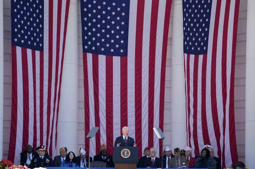 President Joe Biden speaks at the National Veterans Day Observance at the Memorial Amphitheater at Arlington National Cemetery in Arlington, Va., Saturday, Nov. 11, 2023. (AP Photo/Andrew Harnik)