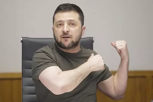 In this image from video provided by the Ukrainian Presidential Press Office, Ukrainian President Volodymyr Zelenskyy speaks during an interview with independent Russian news media from Kyiv, Ukraine, Sunday, March 27, 2022. (Ukrainian Presidential Press Office via AP)