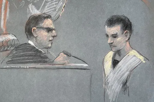 This artist depiction shows Massachusetts Air National Guardsman Jack Teixeira, right, appearing in U.S. District Court in Boston, April 14, 2023. (Margaret Small via AP, File)