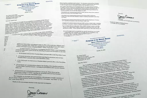 The letters from House Oversight Committee chairman Rep. James Comer, R-Ky., to Debra Steidel Wall, archivist of the United States, and White House Counsel Stuart Delery are photographed Tuesday, Jan. 10, 2023. (AP Photo/Jon Elswick)