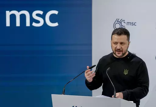 Ukrainian President Volodymyr Zelenskyy delivers a speech at the Munich Security Conference at the Bayerischer Hof Hotel in Munich, Germany, Saturday, Feb. 17, 2024. The 60th Munich Security Conference (MSC) is taking place from Feb. 16 to Feb. 18, 2024. (AP Photo/Matthias Schrader)