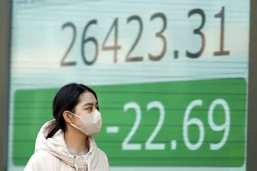 A person wearing a protective mask walks in front of an electronic stock board showing Japan's Nikkei 225 index at a securities firm Thursday, Jan. 12, 2023, in Tokyo. Asian shares were mixed Thursday ahead of a closely watched report on U.S. inflation viewed as a good indicator of whether Wall Street’s recent rising optimism is warranted or overdone. (AP Photo/Eugene Hoshiko)