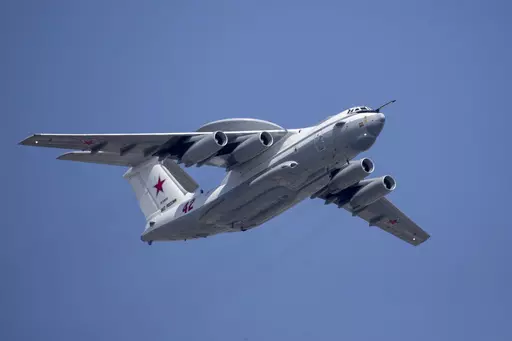 A Russian Beriev A-50 airborne early warning and control plain flies over Red Square during a rehearsal for the Victory Day military parade in Moscow, Russia, on May 7, 2019. Ukraine’s military chief is claiming that the Ukrainian air force has shot down a Russian Beriev A-50 early warning and control plane and an IL-22 command center aircraft. (AP Photo/Alexander Zemlianichenko, Pool, File)
