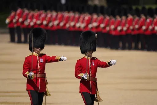 Soldiers attend the Colonel's Review, the final rehearsal of the Trooping the Colour, the King's annual birthday parade, at Horse Guards Parade in London, Saturday, June 10, 2023. (AP Photo/Alberto Pezzali, File)