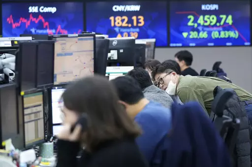 Currency traders work at the foreign exchange dealing room of the KEB Hana Bank headquarters in Seoul, South Korea, Monday, Feb. 6, 2023. Asian stock markets sank Monday after strong U.S. jobs data fanned fears of more interest rate hikes to cool inflation. (AP Photo/Ahn Young-joon)
