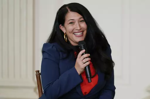 Ada Limón, 24th Poet Laureate of the United States, speaks during an event for the Class of 2022 National Student Poets at the White House in Washington Tuesday, Sept. 27, 2022. Limón, is launching her intended signature project in April 2024, which is National Poetry Month. The project is called “You Are Here” and includes an anthology of nature poems and visits to seven national parks. (AP Photo/Carolyn Kaster, File)