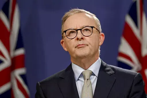Leader of the opposition Labor Party, Anthony Albanese speaks to the media during a press conference in Sydney, Sunday, April 10, 2022. Australian Prime Minister Scott Morrison has called for a May 21 election that will be fought on issues including Chinese economic coercion, climate change and the COVID-19 pandemic. (Bianca De Marchi/AAP Image via AP)