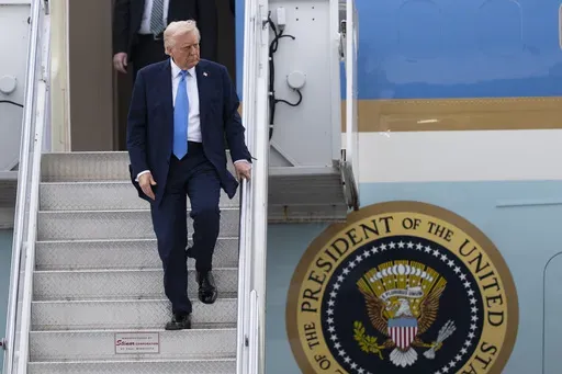 President Donald Trump arrives on Air Force One at Palm Beach International Airport, Friday, March 28, 2025, in West Palm Beach, Fla. (AP Photo/Manuel Balce Ceneta)