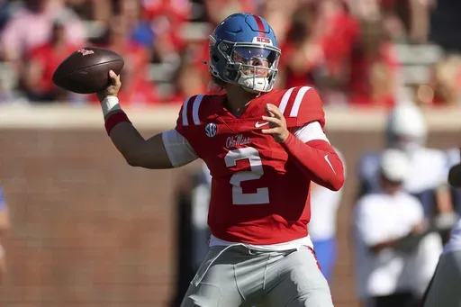 Mississippi quarterback Jaxon Dart (2) throws the ball during the first half of an NCAA college football game against Middle Tennessee, Saturday, Sept. 7, 2024, in Oxford, Miss. (AP Photo/Randy J. Williams)