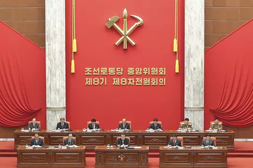 In this photo provided by the North Korean government, North Korean leader Kim Jong Un, bottom center on stage, attends an enlarged plenary meeting of the ruling Workers’ Party’s Central Committee at the party's headquarters in Pyongyang, North Korea, Friday, June 16, 2023. Independent journalists were not given access to cover the event depicted in this image distributed by the North Korean government. The content of this image is as provided and cannot be independently verified. Korean lan