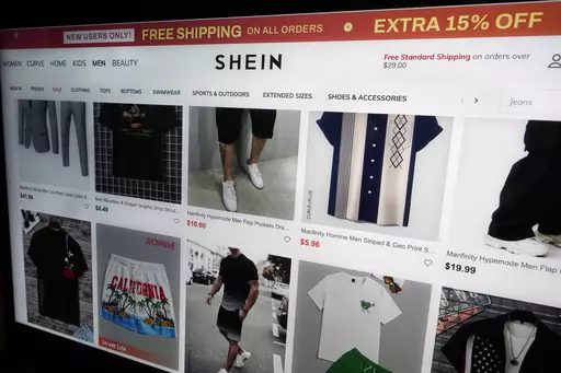 A page from the Shein website is shown in this photo, in New York, Friday, June 23, 2023. China's fast fashion retailer Shein is facing a lawsuit that claims the company is infringing on copyrights in a way that amounts to racketeering. (AP Photo/Richard Drew)