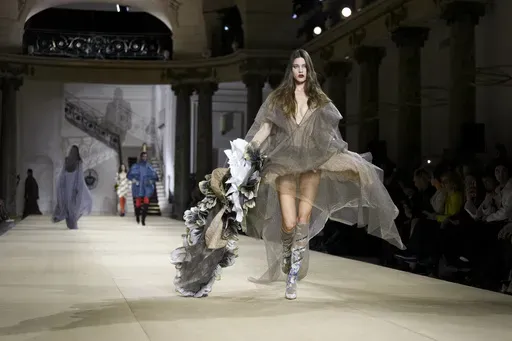 Models wear creations as part of the Vivienne Westwood Fall/Winter 2025-2026 Womenswear collection presented in Paris, Saturday, March 8, 2025. (Photo by Scott A Garfitt/Invision/AP)