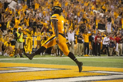 Southern Mississippi running back Frank Gore Jr. (3) runs the ball into the endzone for a touchdown during the second half of an NCAA college football game against Liberty in Hattiesburg, Miss., Saturday, Sept. 3, 2022. (Hannah Ruhoff/The Sun Herald via AP)