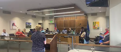 Archer Trip tells the Waterloo City Council on Aug. 21, 2023, about their experiences of undergoing conversion therapy as a child, in Waterloo, Iowa. (Maria Kuiper/The Courier via AP)