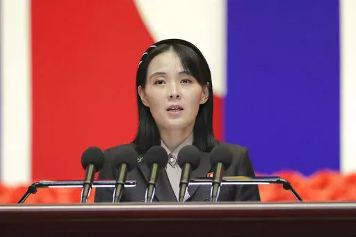 This photo provided by the North Korean government, Kim Yo Jong, sister of North Korean leader Kim Jong Un, delivers a speech during a national meeting against the coronavirus, in Pyongyang, North Korea, Aug. 10, 2022. Independent journalists were not given access to cover the event depicted in this image distributed by the North Korean government. The content of this image is as provided and cannot be independently verified. (Korean Central News Agency/Korea News Service via AP, File)