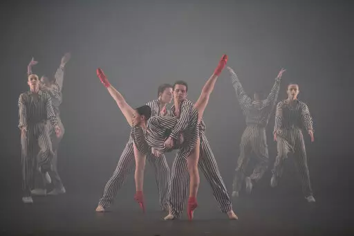In this photo provided by New York City Center, dancers appear in "Twyla Tharp: In the Upper Room & Nine Sinatra Songs" at New York City Center on Oct. 19, 2022, in New York. (Christopher Duggan/New York City Center via AP)
