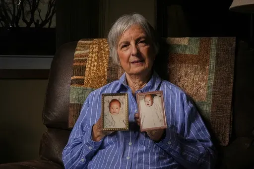 Peg Reif holds pictures of her children adopted from South Korea in the 1980s in her home Tuesday, Dec. 17, 2024 in Platteville, Wis. (AP Photo/Morry Gash)