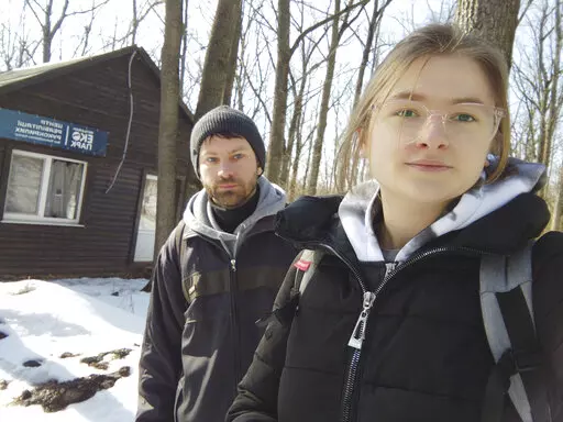 This March 2022 photo provided by Alona Shulenko shows her, right, and fellow zoologist Anton Vlaschenko outside the Feldman Ecopark area outpost of the Ukrainian Bat Rehabilitation Center in Kharkiv, Ukraine. “Our staying in Ukraine, our continuing to work – it’s some kind of resistance of Russian invasion,” Vlaschenko said via Zoom, a barrage of shelling audible in the background. “The people together in Ukraine are ready to fight, not only with guns. We don’t want to lose our coun