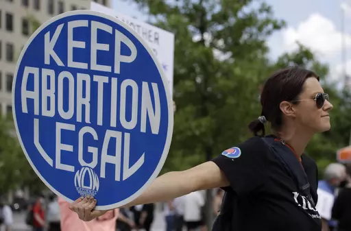 Abortion-rights demonstrator holds a sign during a rally on May 14, 2022, in Chattanooga, Tenn. In legislative sessions in 2023, GOP-controlled states have been moving to tighten abortion restrictions and those dominated by Democrats have continued to codify protections to abortion access. (AP Photo/Ben Margot, File)
