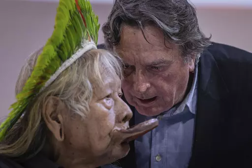 Indigenous Chief Raoni Metuktire, left, and Belgian filmmaker Jean-Pierre Dutilleux attend a meeting at the ChangeNOW summit in Paris, France, May 27, 2023. For five decades, the Amazonian tribal chief and Belgian film director enlisted presidents and royals, even Pope Francis, to improve the lives of Brazil’s Indigenous peoples and protect their lands. Behind the scenes, however, the relationship was nearing its end. Not long after returning to Brazil in May 2024, the chief of the Kayapo seve