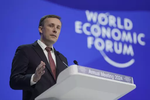 Jake Sullivan, U.S. National Security Advisor speaks during the Annual Meeting of World Economic Forum in Davos, Switzerland, Tuesday, Jan. 16, 2024. The annual meeting of the World Economic Forum is taking place in Davos from Jan. 15 until Jan. 19, 2024.(AP Photo/Markus Schreiber)