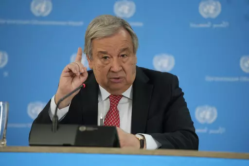 U.N secretary General Antonio Guterres addresses the media during a visit to the U.N. office in the capital Nairobi, Kenya on , May 3, 2023. Guterres implicitly criticized Cambodia’s upcoming elections Wednesday, May 31, 2023 for failing to be inclusive, after the top opposition party was not allowed to register. (AP Photo/Khalil Senosi, File)